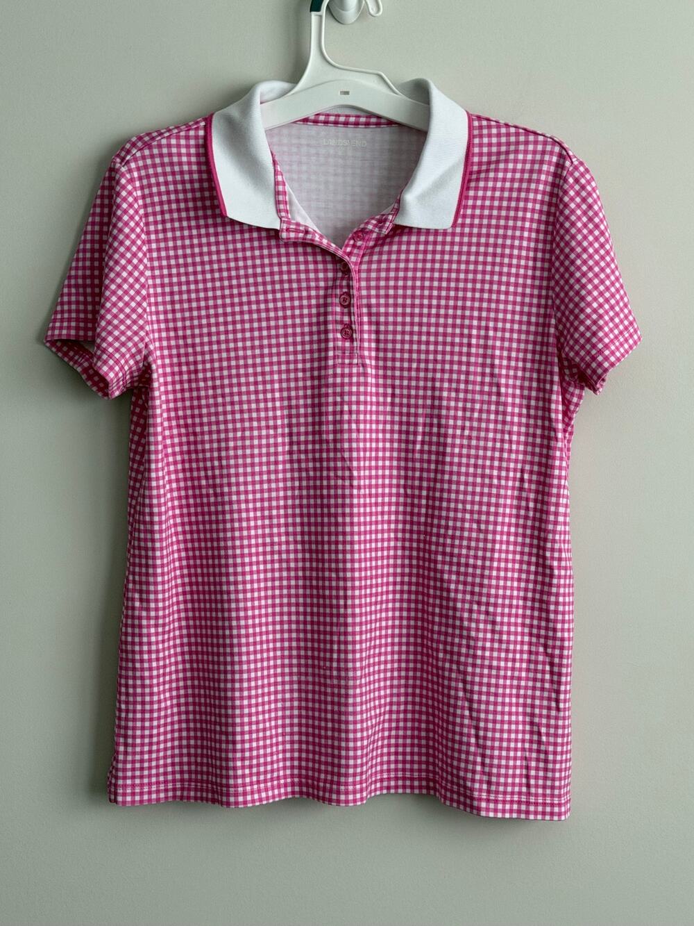 Lands’ End Pink & White Gingham Short Sleeve Polo Shirt Size Medium